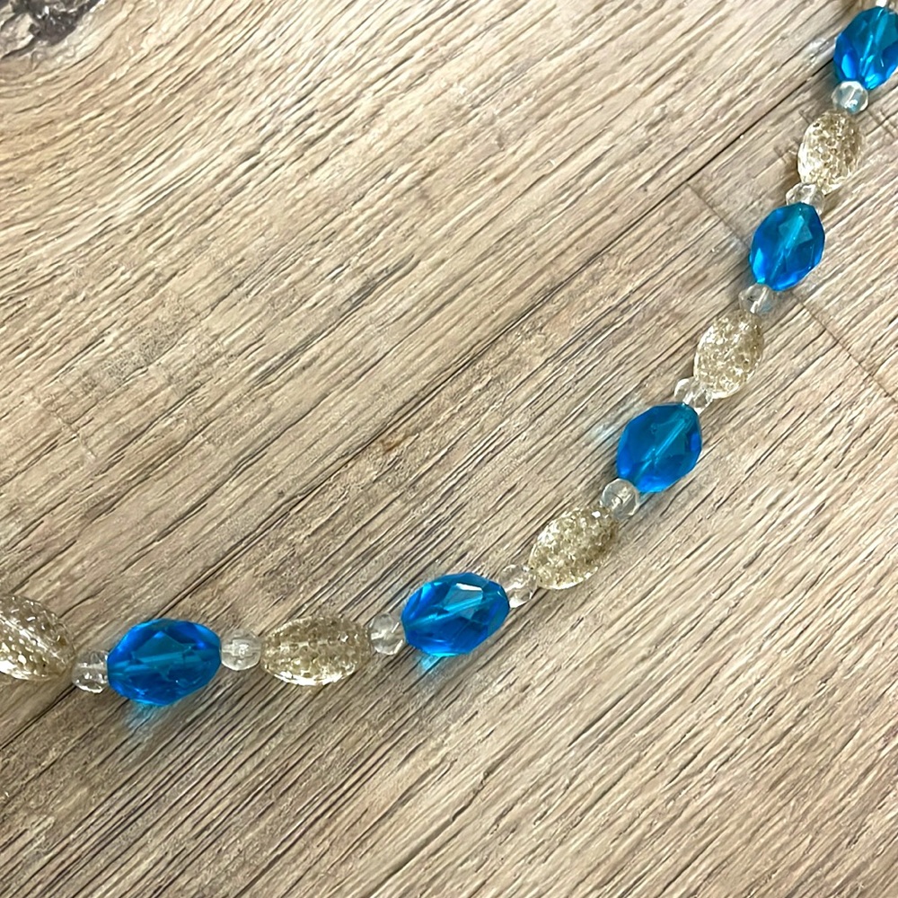 Vintage Glass Beaded Necklace Bright Blue & Clear Statement Necklace - Picture 4 of 5